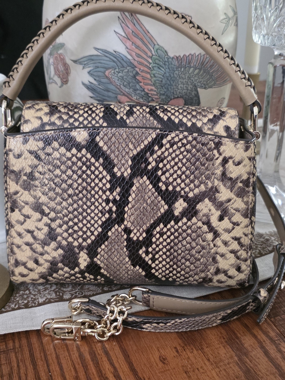 Michael Kors Beige Snake-Print Studded Satchel with Gold Hardware - Picture 5 of 7
